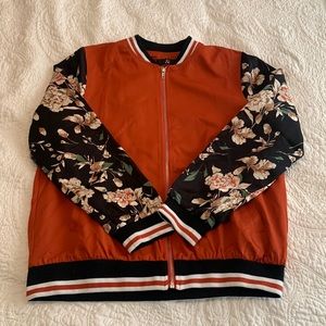 ivory lane boutique jacket ! burnt orange with black and floral sleeves :)